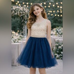 Calla Collection Navy & Gold Tween Special Occasion Dress | Beaded Tulle Skirt